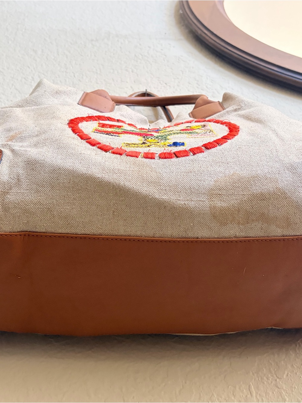 Tory Burch Beige Canvas Tote with Brown Leather Trim and Embroidered Medallion - Picture 6 of 15